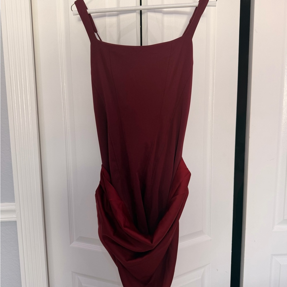 Cornelia Square Neck Back Lace-up Satin Drape Hem Mini Dress